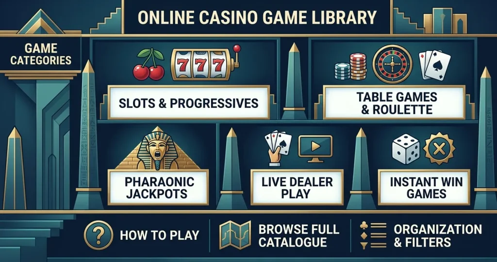 Abstract editorial illustration of a casino game library with slot, card-table and jackpot symbols