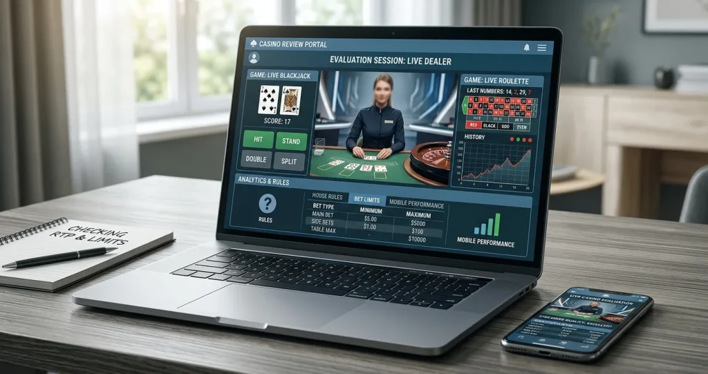 Editorial illustration of a live dealer casino table shown on a laptop without real branding or dealer likeness