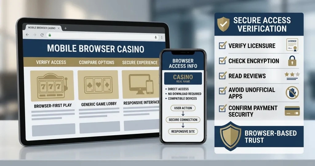 Smartphone showing a responsive casino webpage beside a safe app-check checklist without brand logos