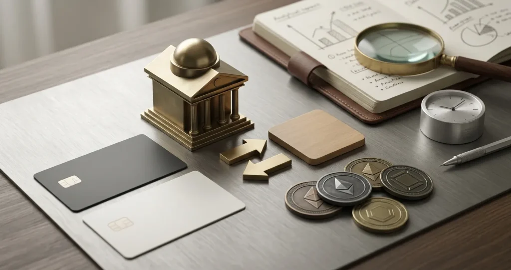 Illustration of payment cards, a bank transfer symbol and cryptocurrency coins on an analysis desk