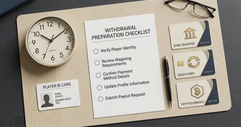 Editorial illustration of a withdrawal checklist with a clock, identity card and payment symbols